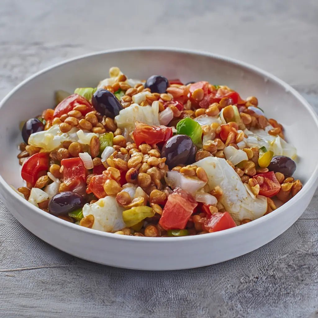 Ensalada de lentejas con bacalao y verduras frescas – Prepared Meals & Entrées | Bacalalo gourmet