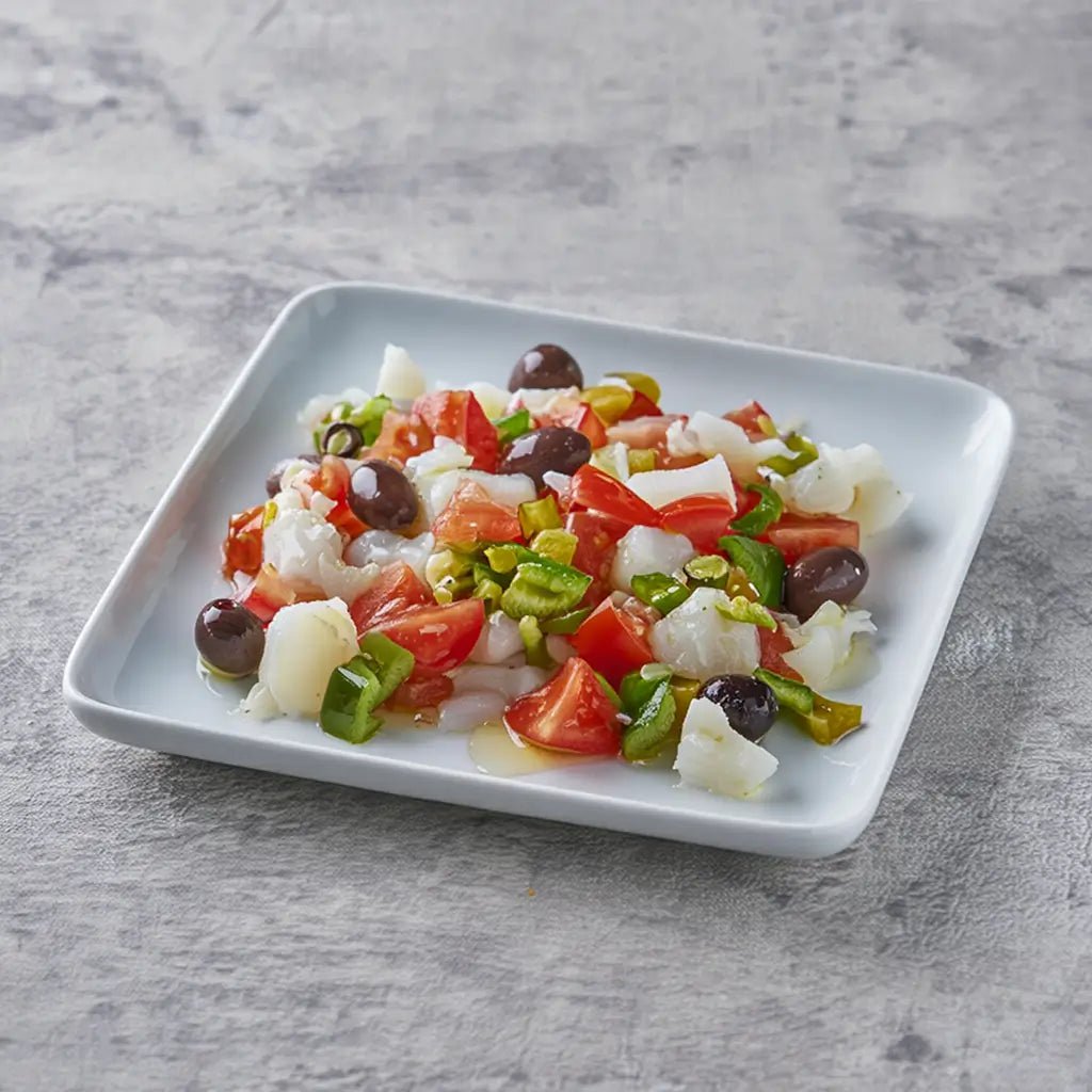 Esqueixada de bacalao con pimiento, aceitunas negras y aceite de oliva – Prepared Appetizers & Side Dishes | Bacalalo gourmet