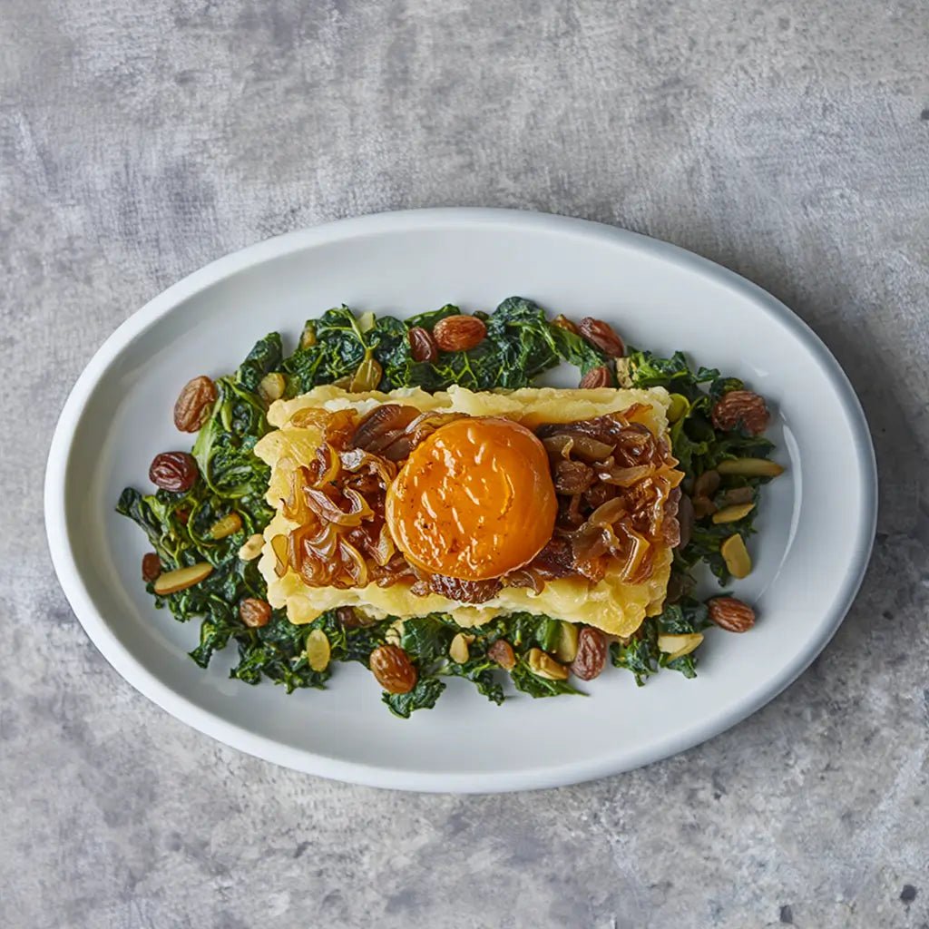 Morro de bacalao con cebolla caramelizada, espinacas y almendras – Prepared Meals & Entrées | Bacalalo gourmet
