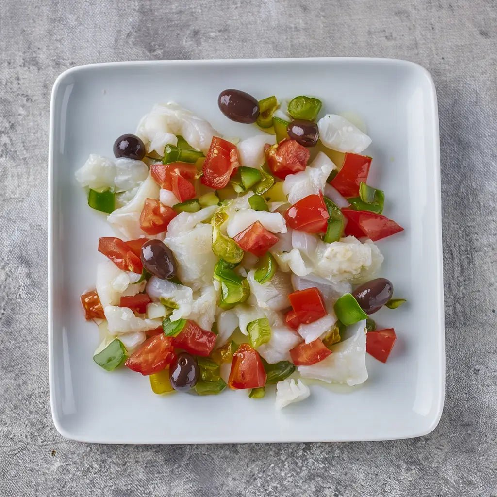 Esqueixada de bacalao con pimiento, aceitunas negras y aceite de oliva – Prepared Appetizers & Side Dishes | Bacalalo gourmet