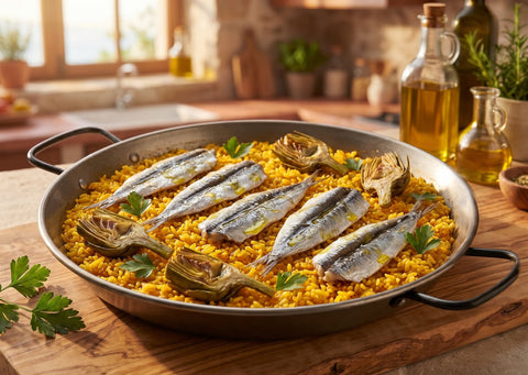 Arroz con boquerones y alcachofas