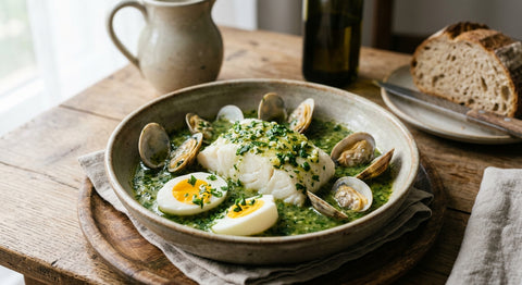 Bacalao a la koskera: receta vasca con guisantes y huevo en cazuela de barro
