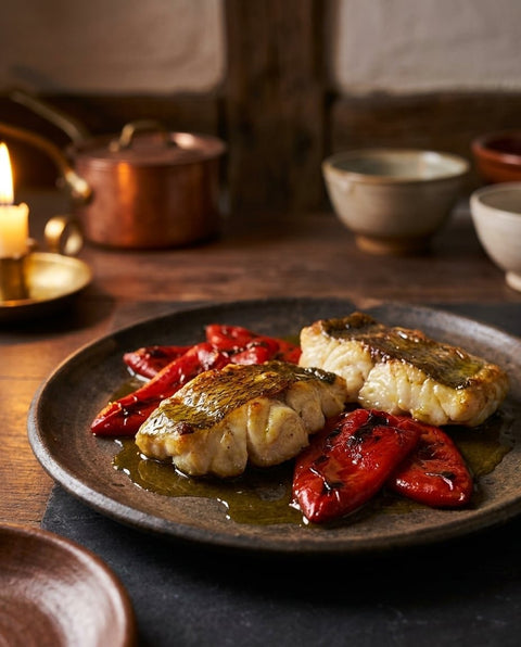 Kokotxas al horno con pimientos asados