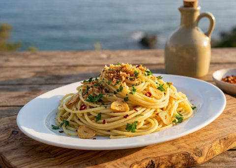 Espaguetis aglio e olio con anchoas