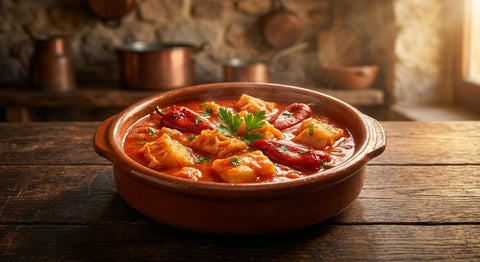 Callos de bacalao con tomate y piquillos