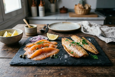 Lonchas de salmón ahumado en frío y filetes de caballa ahumada en caliente comparados sobre pizarra