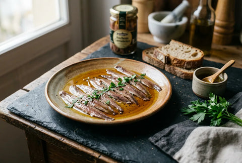 Lomos de anchoa del Cantábrico en aceite sobre un plato