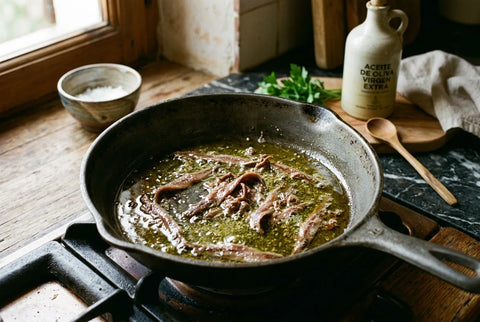Filetes de anchoa deshaciéndose en aceite de oliva templado en una sartén