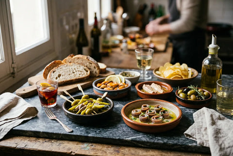 Mesa de aperitivo de Nochevieja con gildas, anchoas y conservas en cuencos pequeños