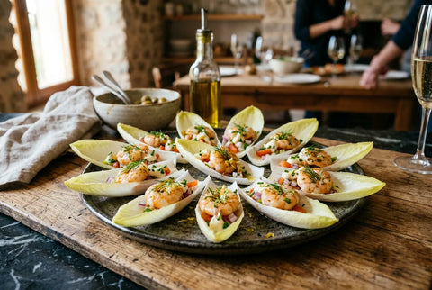 Aperitivos fríos de langostino sobre hojas de endivia en una mesa de fiesta