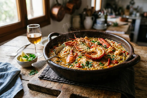 Cazuela de arroz caldoso con bogavante recién hecho