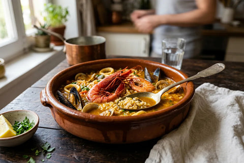Cazuela de arroz caldoso de marisco servido con cuchara