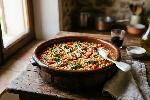 Arroz con atún de lata y tomate en la cazuela