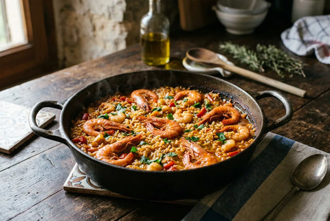 Arroz con gambas recién hecho en la cazuela