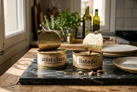 Latas de atún claro y listado abiertas sobre mármol con la etiqueta del nombre científico visible