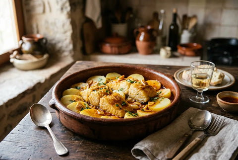 Bacalao a la gallega con patatas y ajada de pimentón en fuente de barro
