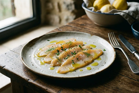 Lonchas finas de bacalao ahumado servidas en plato con aceite de oliva por encima