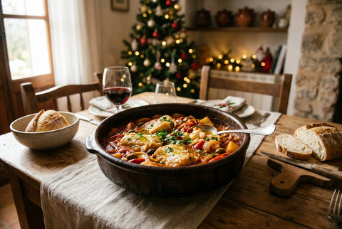 Cazuela de bacalao con tomate recién hecha sobre mesa navideña de madera