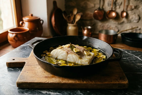 Lomo de bacalao confitándose sumergido en aceite de oliva con ajos laminados en una cazuela de hierro