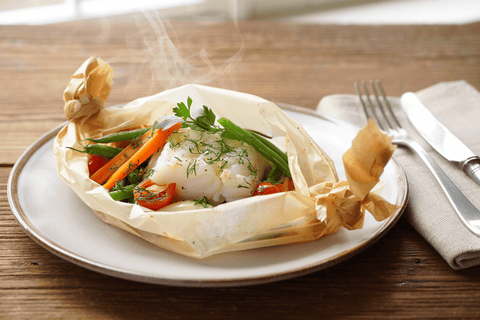 Bacalao en papillote: receta al horno con verduras en su jugo - Bacalalo