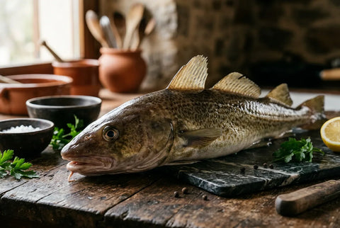 Bacalao entero mostrando la barbilla y las tres aletas dorsales