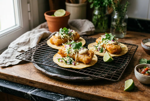 Tacos de bacalao rebozado recién fritos sobre rejilla