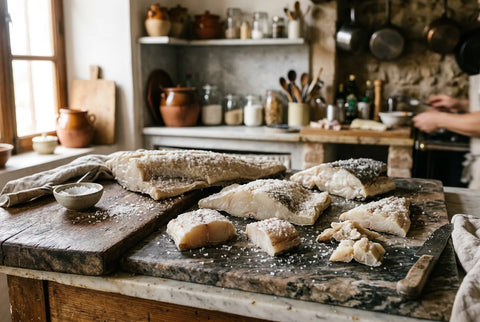 Piezas de bacalao salado de distintos cortes sobre mostrador