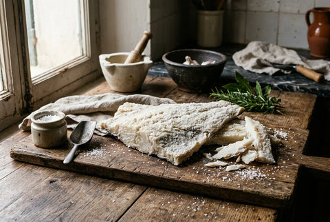 Bacalao salado guardado en un lugar fresco sobre una superficie de madera