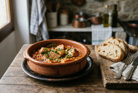 Bonito con tomate servido en cazuela de barro con pan al lado