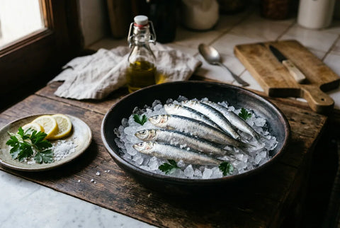 Boquerones frescos plateados sobre hielo picado