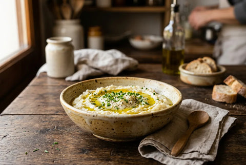 Brandada de bacalao servida en cuenco de cerámica con hilo de aceite y cebollino