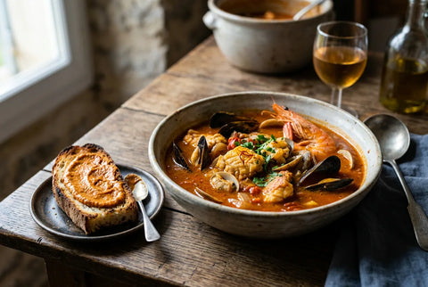 Plato de bullabesa con caldo intenso y pan tostado