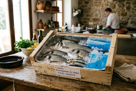 Caja de pescado fresco con acumuladores de frío preparada para envío