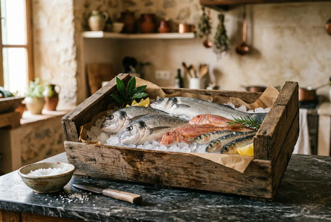 Caja de pescado fresco sobre hielo preparada para reparto a domicilio