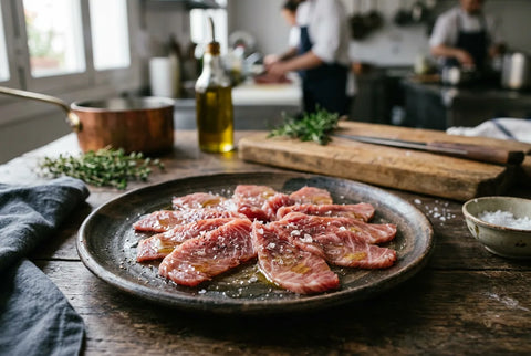 Láminas finas de atún con vetas de grasa aliñadas con aceite y escamas de sal