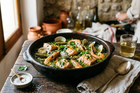 Cazuela de salmón con gambas y almejas en salsa verde con perejil
