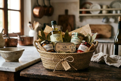 Cesta con conservas, anchoas y aceite de oliva lista para regalar