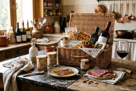 Cesta de Navidad de empresa abierta con conservas gourmet, anchoas y mojama sobre mesa de madera