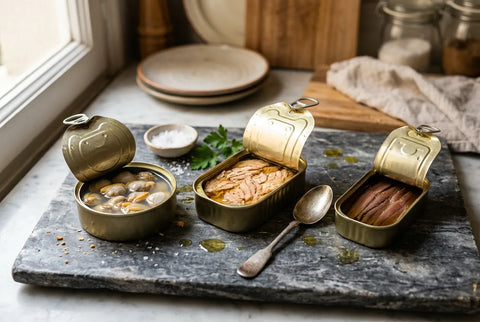 Latas de conservas gourmet abiertas mostrando berberechos, ventresca y anchoas sobre mármol oscuro