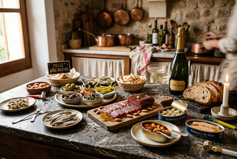 Mesa de cotillón de Nochevieja con encurtidos, mojama y conservas montada en una encimera
