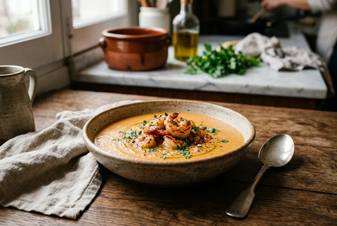 Plato de crema de marisco con gambas salteadas por encima