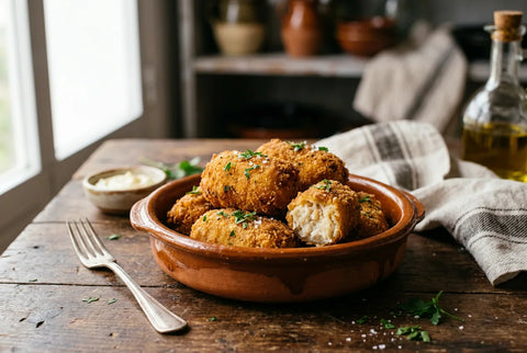 Croquetas de bacalao doradas y crujientes recién fritas