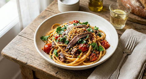 Pasta con Anchoas y Tomate: Receta Italiana Rápida (Salsa con Umami)