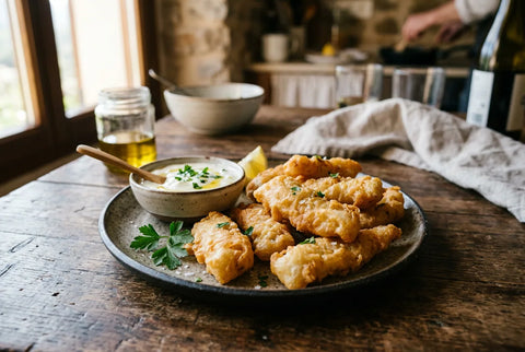 Tiras de bacalao rebozadas y doradas servidas con alioli