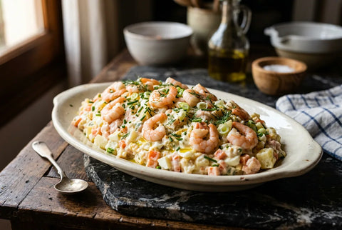 Ensaladilla de gambas servida en fuente con gambas por encima
