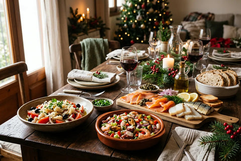 Mesa navideña con varios entrantes fríos: esqueixada, salpicón y tabla de ahumados