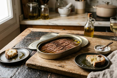 Filetes de anchoa del Cantábrico ordenados en una lata abierta