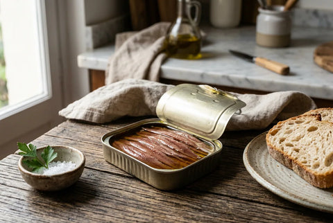 Filetes de anchoa del Cantábrico de color caoba ordenados en lata