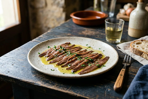 Filetes de anchoa en aceite dispuestos sobre un plato blanco