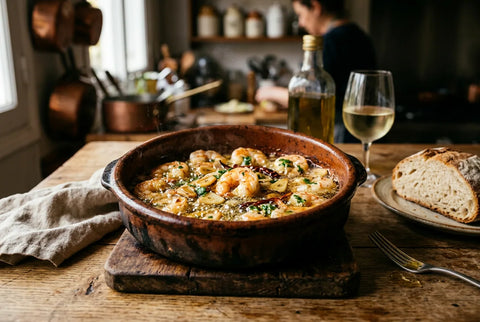 Gambas al ajillo chisporroteando en una cazuela de barro